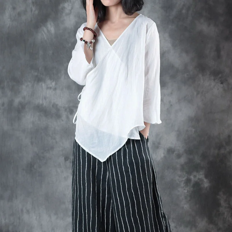 Slim Fit fashion white linen blouse plus size clothing linen cotton t shirt women half sleeve v neck tie waist cotton clothing Slim Fit fashion white linen blouse plus size clothing linen cotton t shirt women half sleeve v neck tie waist cotton clothing