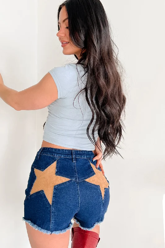 Hooded design Act Confident Star Detailed Denim Shorts (Dark Denim/Tan)