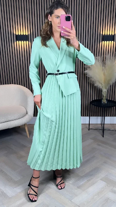 Retro Woolen Jacket Larissa Light Green Blazer Top Pleated Midi Dress