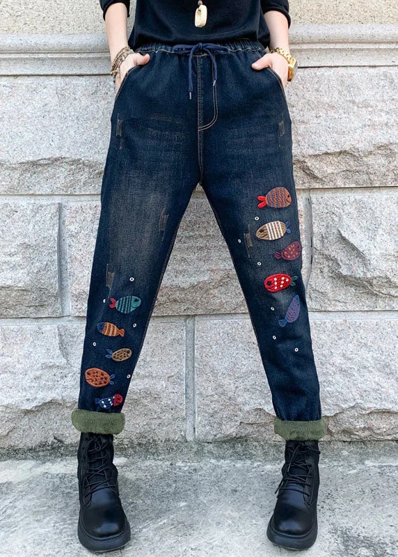 Fashionable and casual Boho Blue Embroideried elastic waist denim Pants Winter