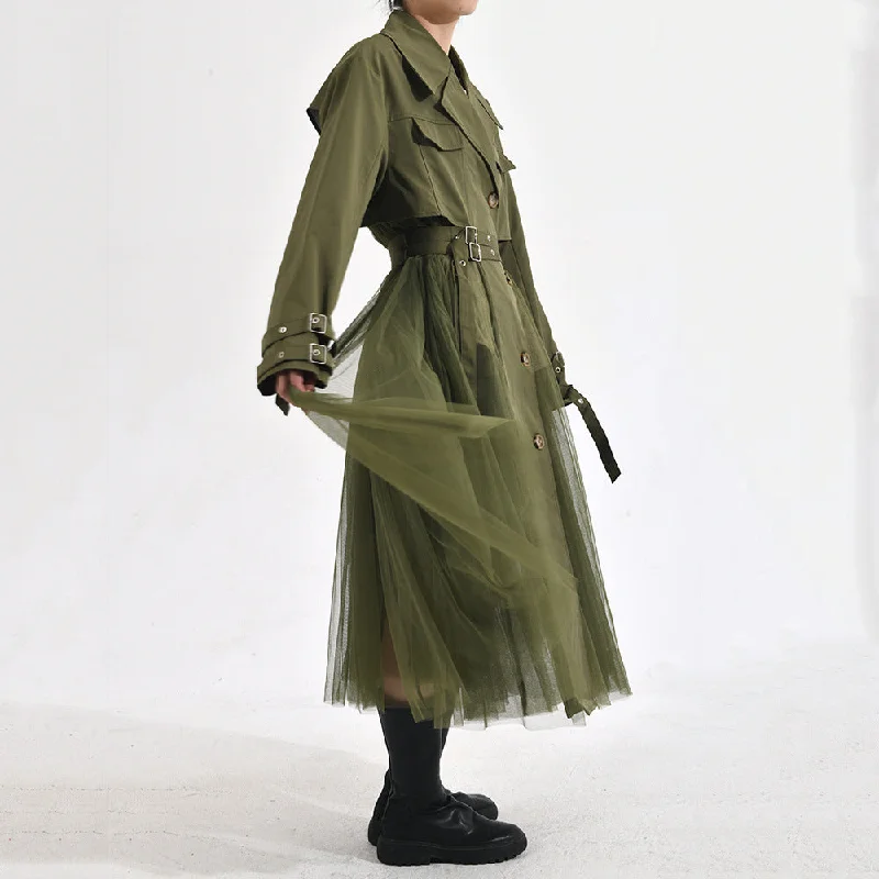 Sports Zipper Style Designed Green Double Breasted Overcoat for Women