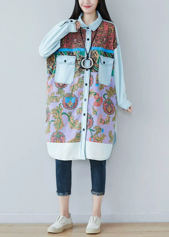 Exquisite workmanship Art light Blue pockets side open Print denim shirt Dresses Spring