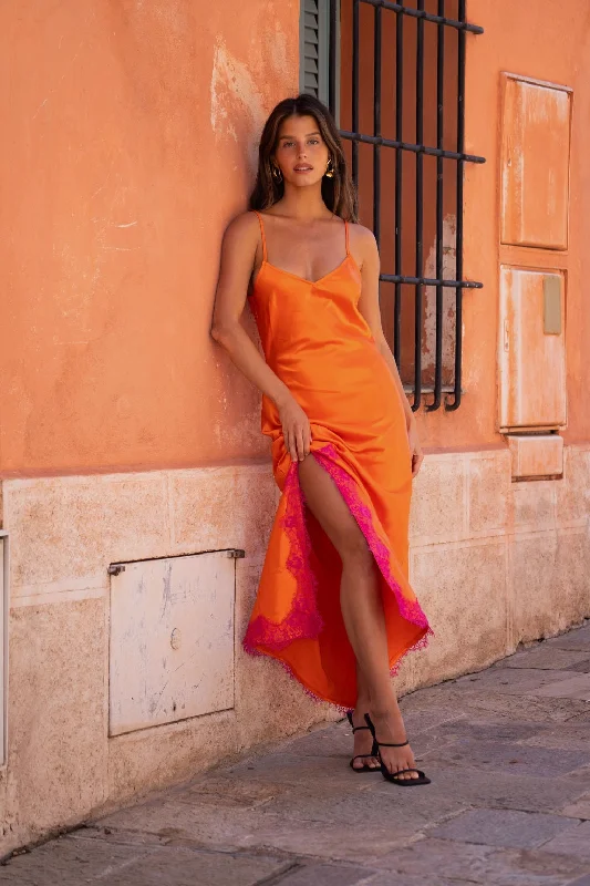 Casual And Versatile Gigi Orange Satin Maxi Dress