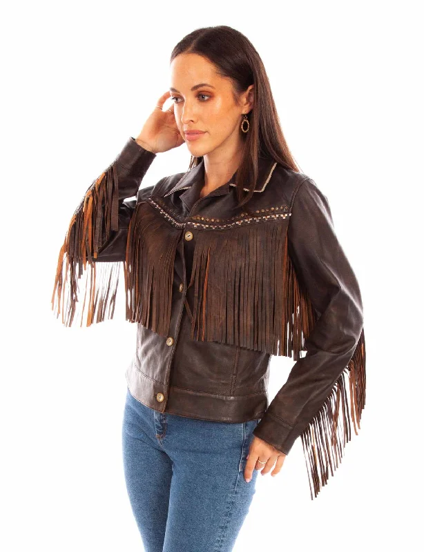 Low-key Luxury Scully Womens Western Fringe Chocolate Leather Leather Jacket L
