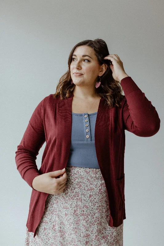 Street Style Suit OPEN KNIT CARDIGAN IN BURGUNDY