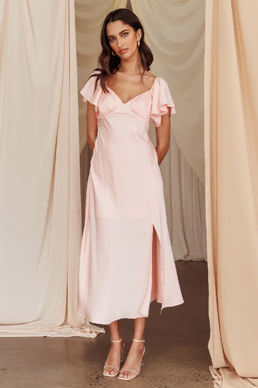 Street Style Park Avenue Flutter Sleeve Side Split Midi Dress Blush