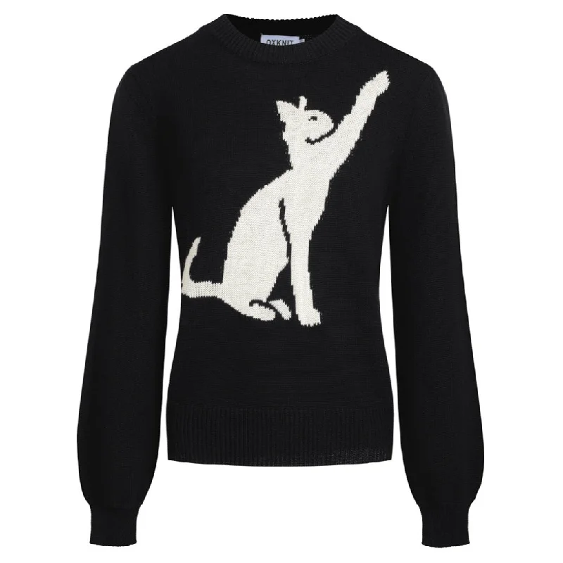 Elegant And Lazy Women's black cat jacquard lantern sleeve sweater-Cropped Length