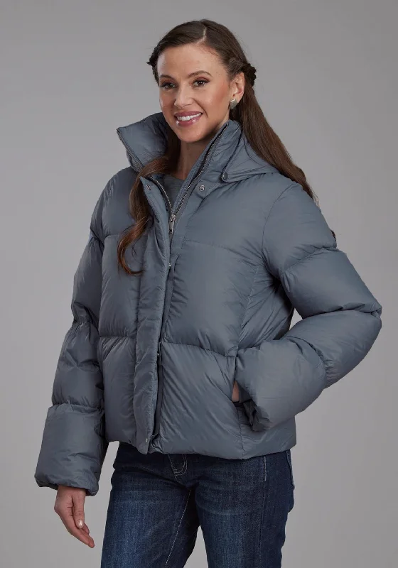 Street Style Suit Roper Womens Puffer Down Coat Silver Blue 100% Nylon Softshell Jacket