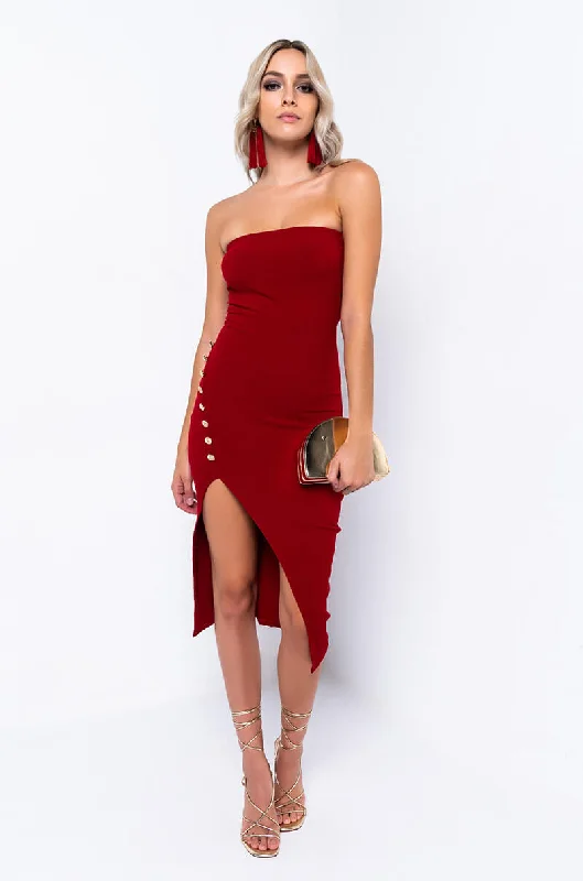 Comfortable and simple SHOOT FOR THE STARS CROSS FRONT STRAPLESS MIDI DRESS BURGUNDY