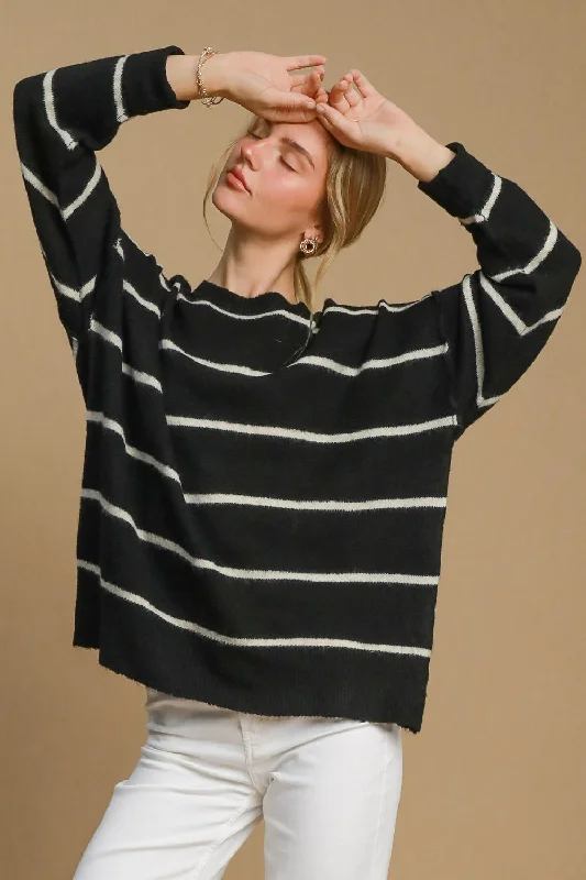 Sports litigation style Umgee Wool Blend Striped Round Neck Sweater
