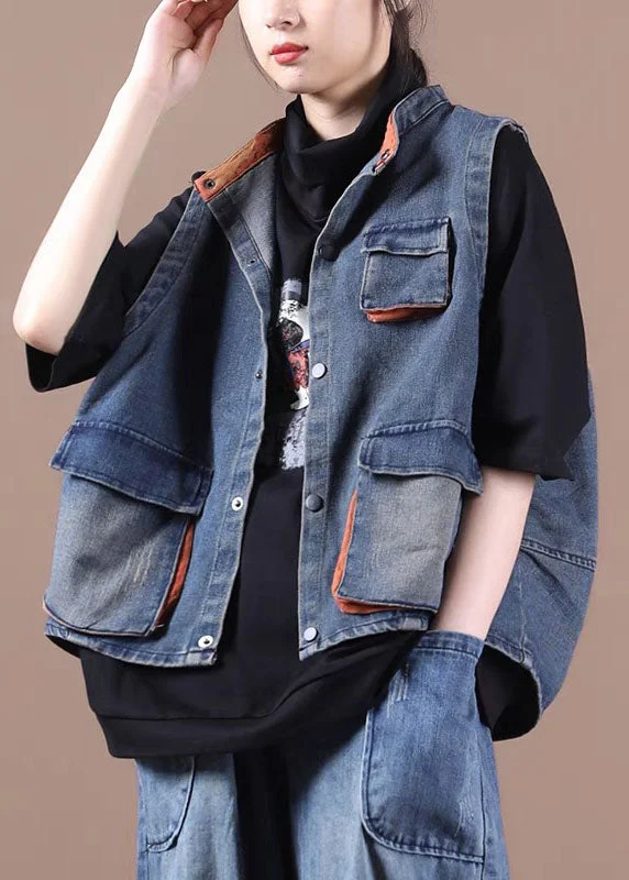 Sweet breath Classy Blue Button Pockets Patchwork Fall Denim Waistcoat