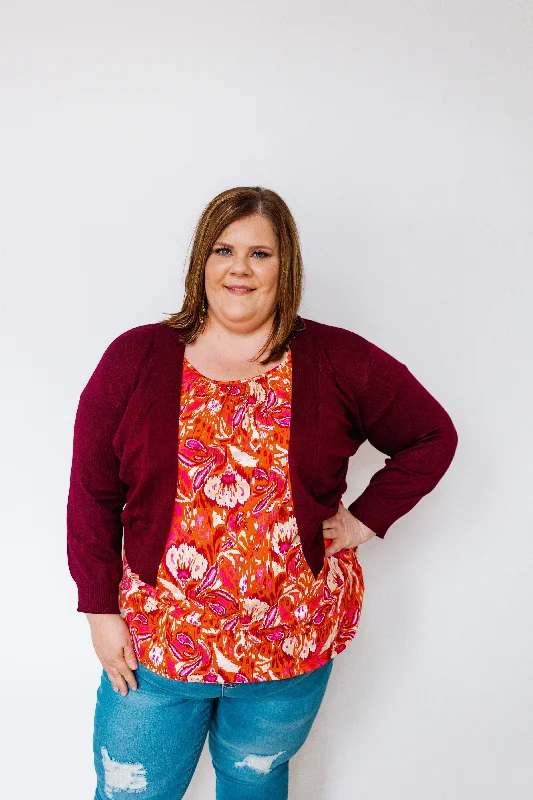 Comfortable And Simple LIGHTWEIGHT SHORT CARDIGAN IN BURGUNDY