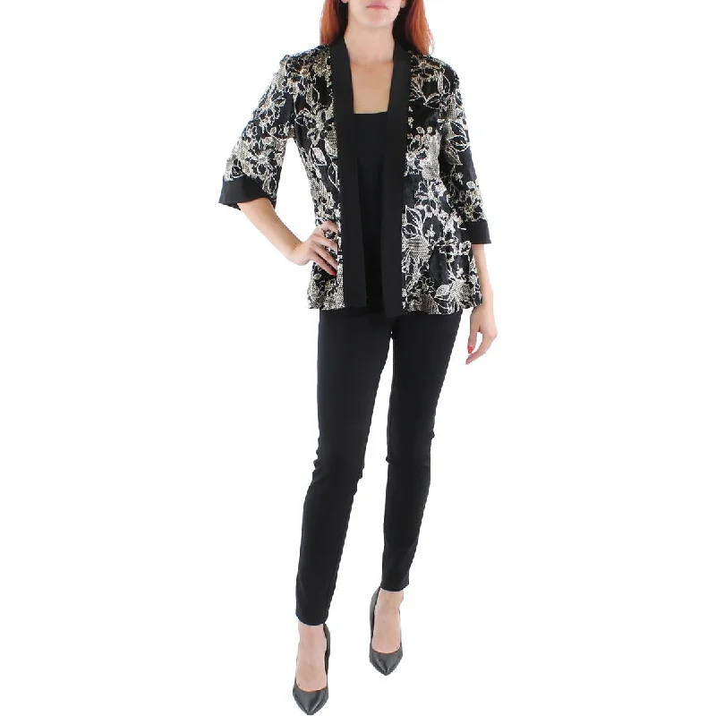 High waist design R&M Richards Womens Petites Metallic Velvet Open-Front Blazer