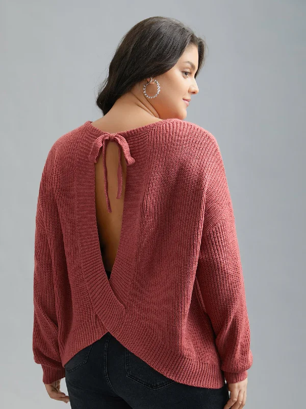 Sports Fitness Style Open Wrap Back Textured Tied Pullover