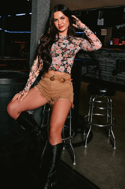 Sports Zipper Style Fresh Take High Rise Distressed Risen Denim Shorts (Mocha)