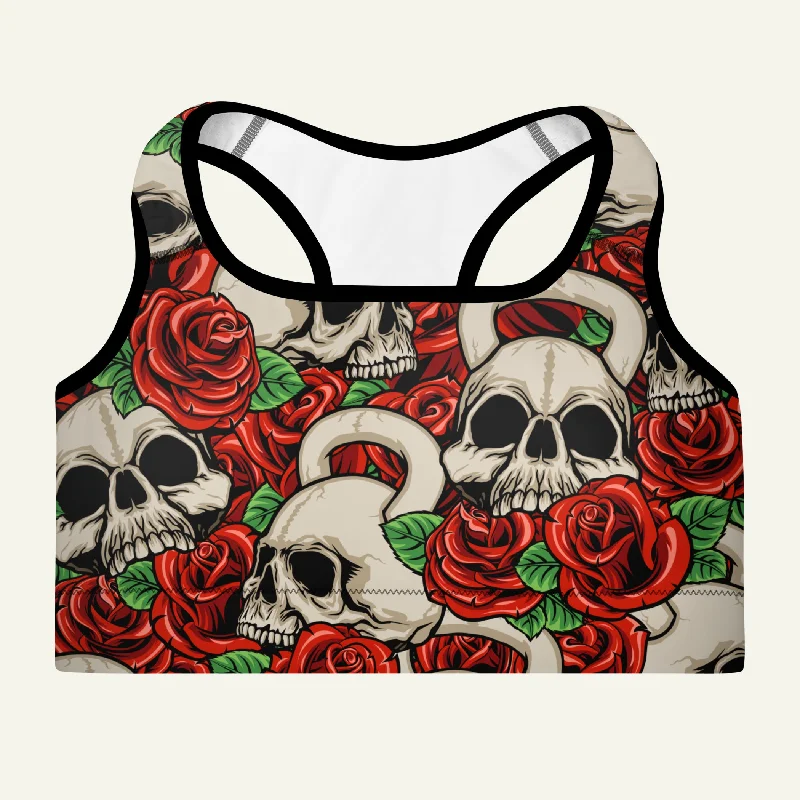 Personalized print Kettlebell Skull And Roses Padded Sports Bra