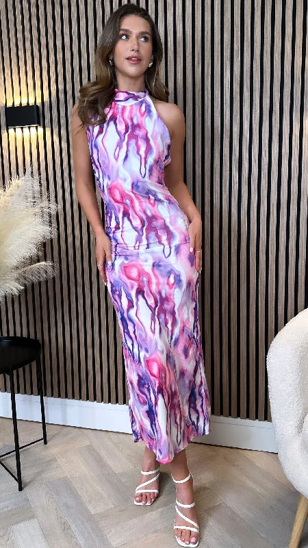 Elegant And Lazy Celeste Lilac Printed Halterneck Midi Dress
