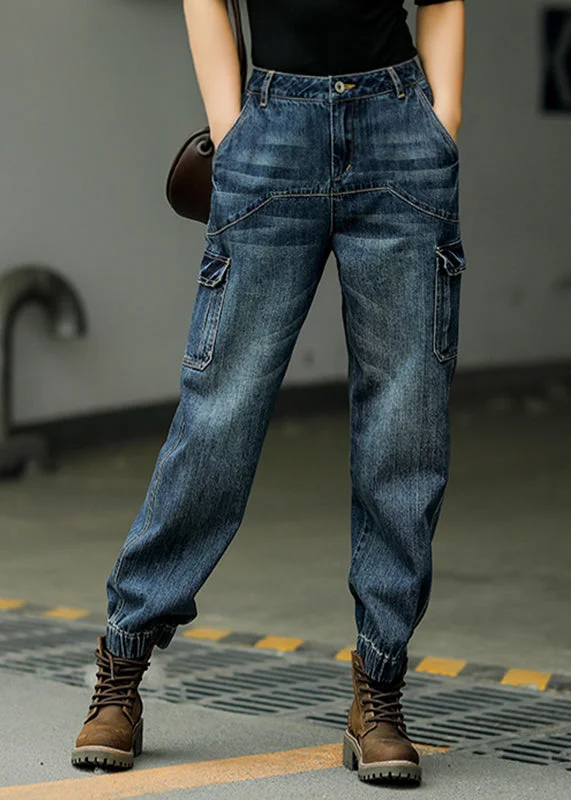 Boutique style Casual Blue Patchwork Pockets High Waist Cotton Beam Denim Pants Fall
