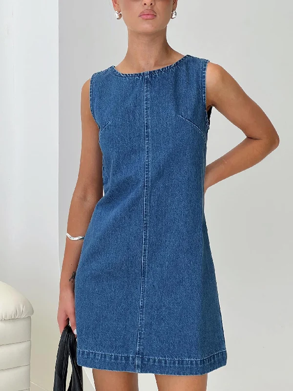 Retro Lace Fabric Corteze Denim Mini Dress Blue