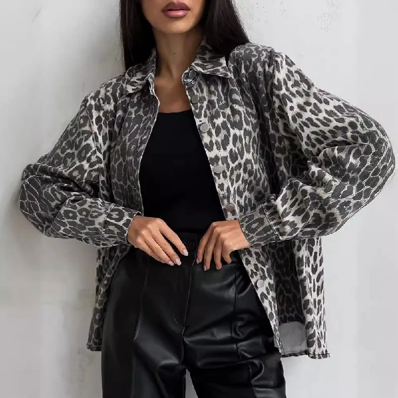 Nightclub Style Vintage Leopard Casual Women Jacket Coats