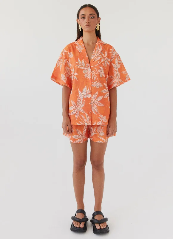 Luxury and fashionable Sweet Relief Oversized Linen Shirt - Tropic Sunset