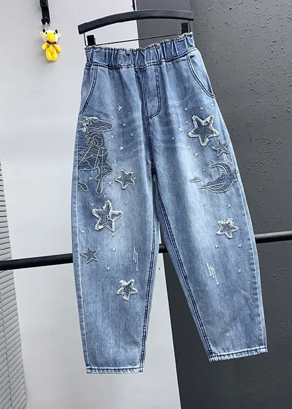 Unique prints Elegant Blue Embroideried Pockets Elastic Waist Denim Crop Pants Summer