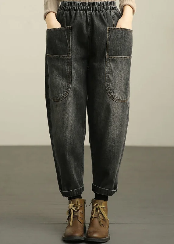 Letter embroidery Black Elastic Waist Denim Harem Pants Fall