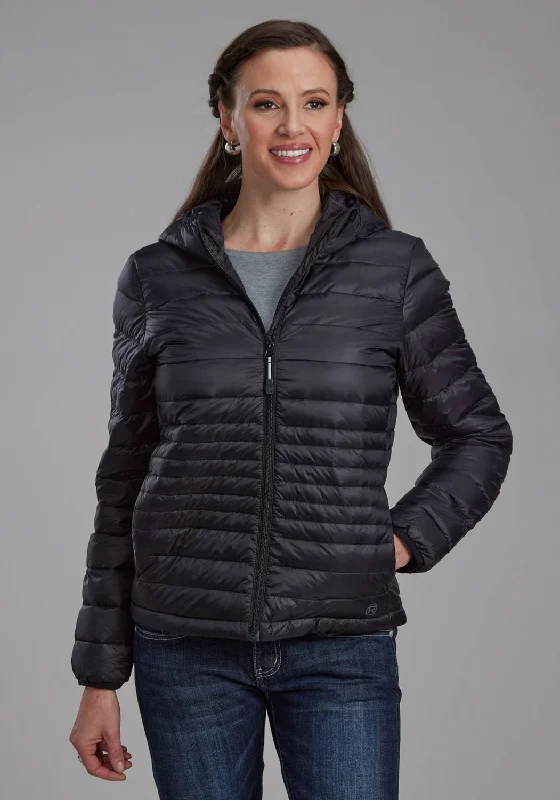 Street Vertical And Horizontal Design Roper Womens Parachute Down Fill Black 100% Nylon Softshell Jacket