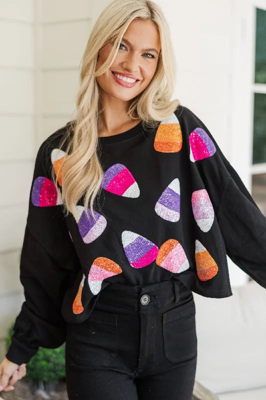 Moisture wicking Candy Corn Craze Black Sequin Pullover