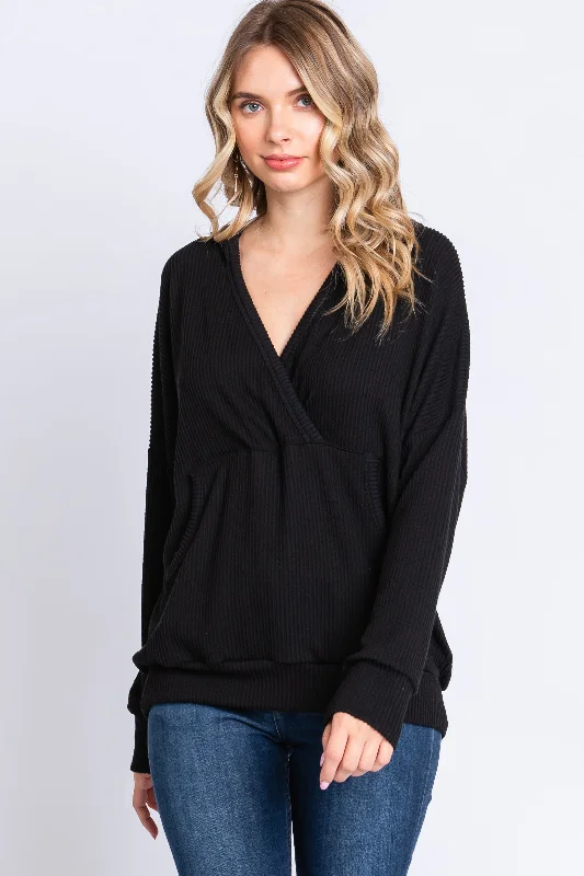 Independent design Black Ribbed Hooded Wrap Long Sleeve Top