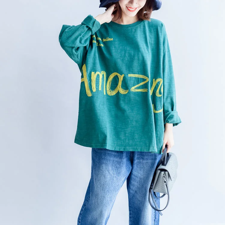 Multi-functional style fine cotton t shirt green alphabet embroidery pullover plus size batwing sleeve tops Multi-functional style fine cotton t shirt green alphabet embroidery pullover plus size batwing sleeve tops