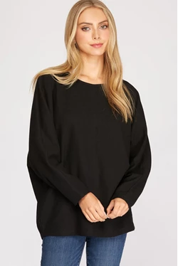 Sports Fitness Style BLACK LONG BATWING SLEEVES THERMAL KNIT TOP S8SY2586A