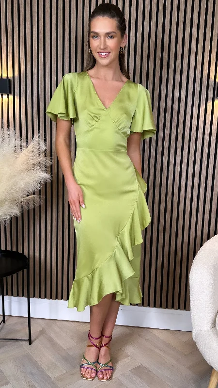 Simple research Karen Lime Green Frill Detail Midi Dress