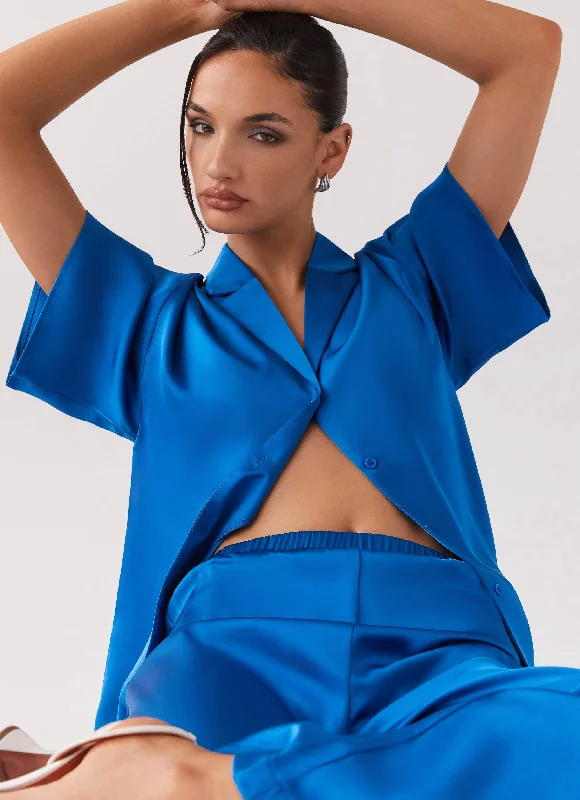 Black And White Style Palm Cove Satin Shirt - Cobalt