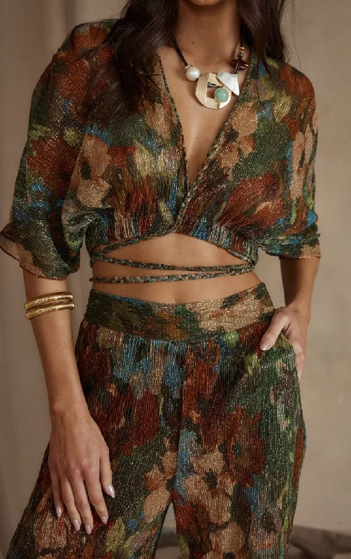 Stand-up collar design Kaia Multicolor Metallic Floral Crop Top