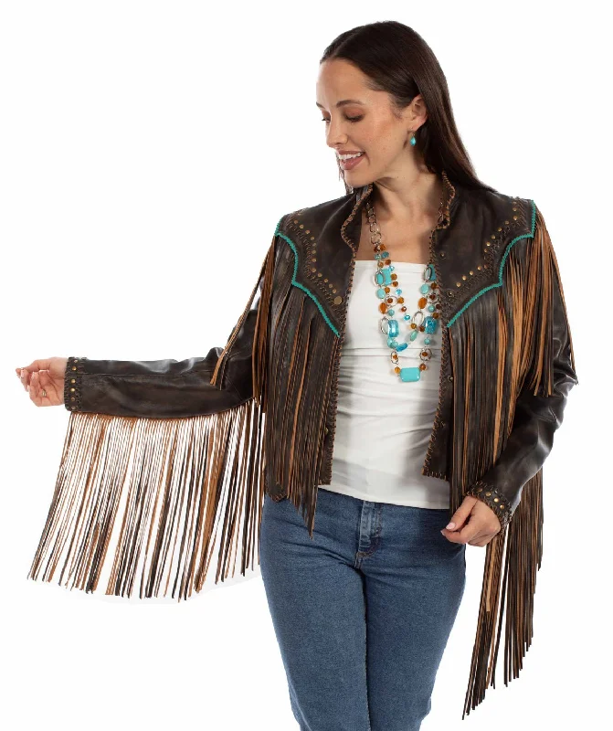Fashion Style Scully Womens Bold Fringe Vintage Black Leather Leather Jacket XL