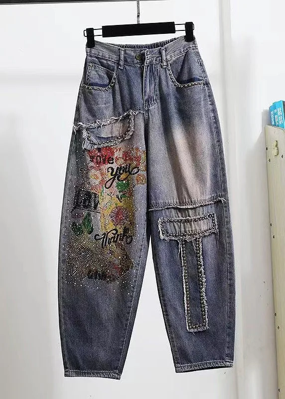 Minimal Style Bohemian Blue Pockets DIY Zircon Rivet Denim Pants Spring