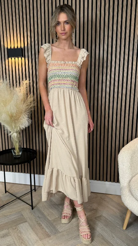 Street Show-off Style Weston Beige Multi Printed Bodice Detail Midi Dress