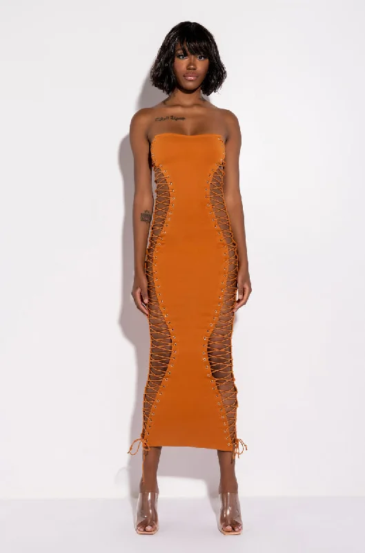 Retro Design NEVER BORING LACE UP MIDI DRESS ORANGE