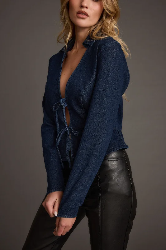 Boutique display Taylor Open Tie Front Denim Top