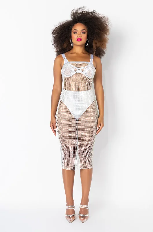 Leisure Travel ALL DAY BABY RHINESTONE MESH TUBE DRESS WHITE