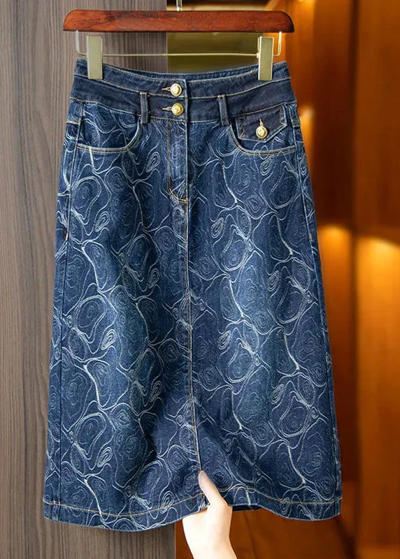 Mid-length Style Vintage Blue Print High Waist Button Denim A Line Skirts Summer