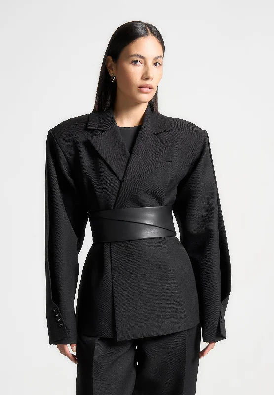 Celebrity Style Twist Sleeve Tailored Blazer with Belt - Black