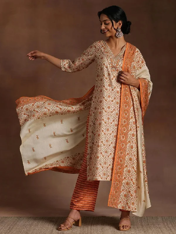 Sports Tights Orange Printed Silk Blend Straight Suit With Dupatta