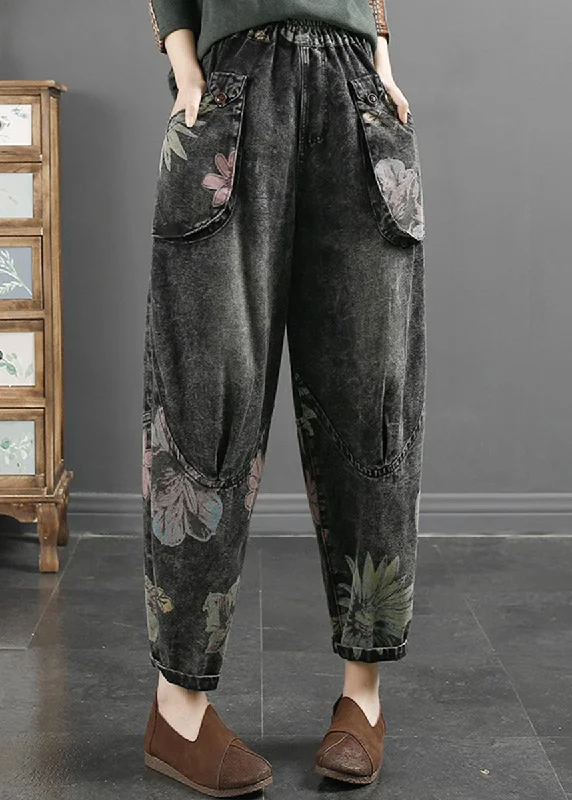 Comfortable down Plus Size Black Grey Pockets Print Patchwork Denim Pants Fall
