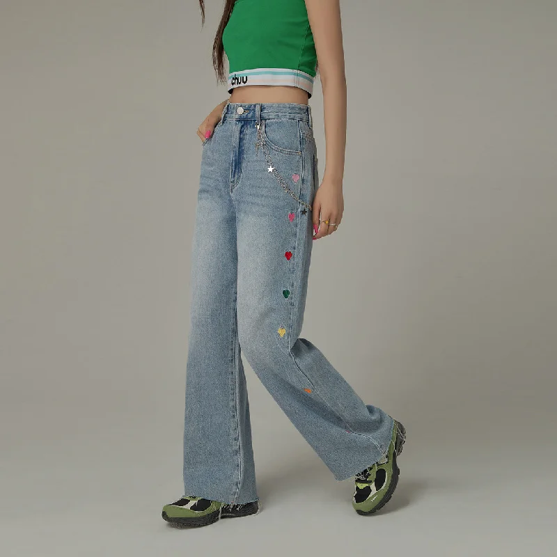 Fashionable sports Colorful Heart Embroidered Denim Straight Wide Jeans