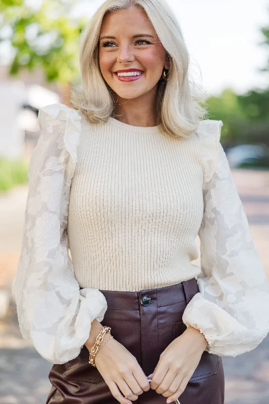 Advanced Customization Tell It All Cream Ruffled Knit Top