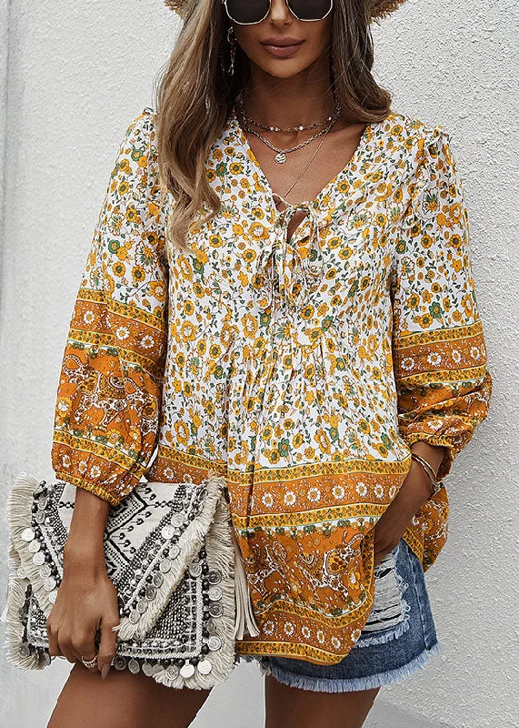 High-quality fabrics Elegant Yellow V Neck Lace Up Print Patchwork Cotton Top Long Sleeve High-quality fabrics Elegant Yellow V Neck Lace Up Print Patchwork Cotton Top Long Sleeve