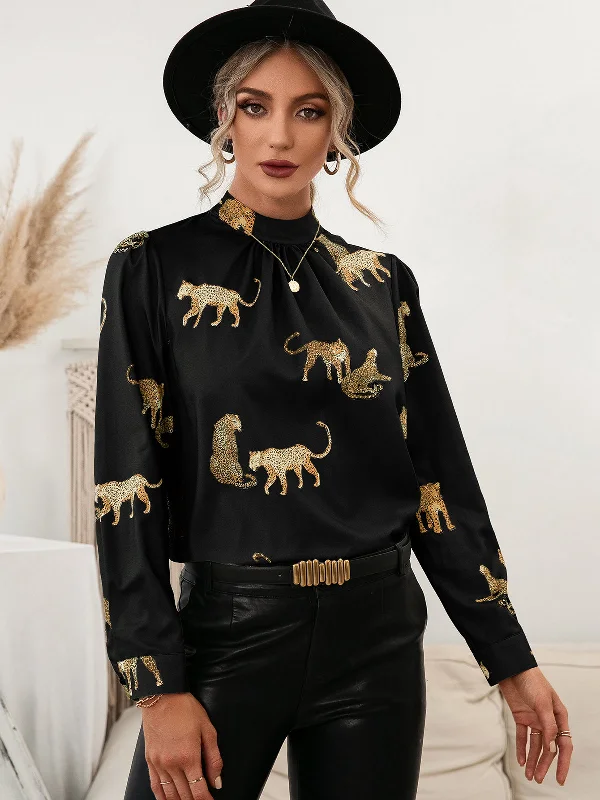 Slim Fit Call of the Wild Leopard Graphic Mock Neck Puff Sleeve Blouse