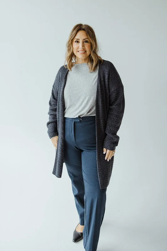 Round neck design KNIT STRIPE PATTERN OPEN CARDIGAN